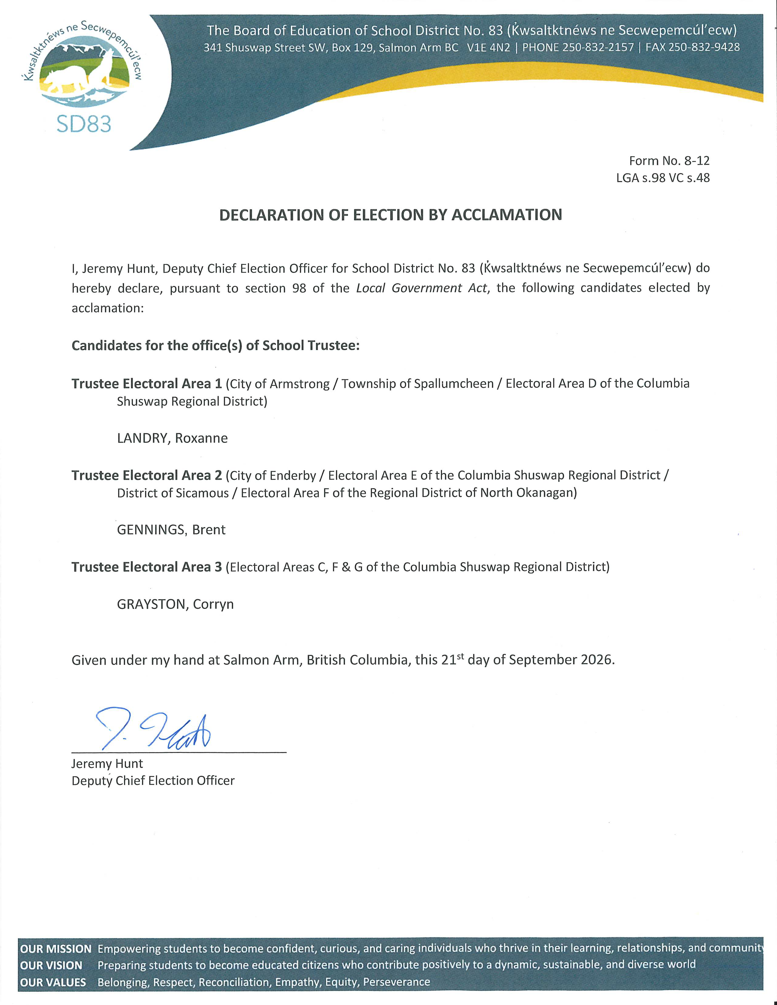 Declaration of Election by Acclamation Signed